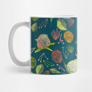 Peony Buds Abound Pattern on Blue Background with Watercolor Splotches Mug